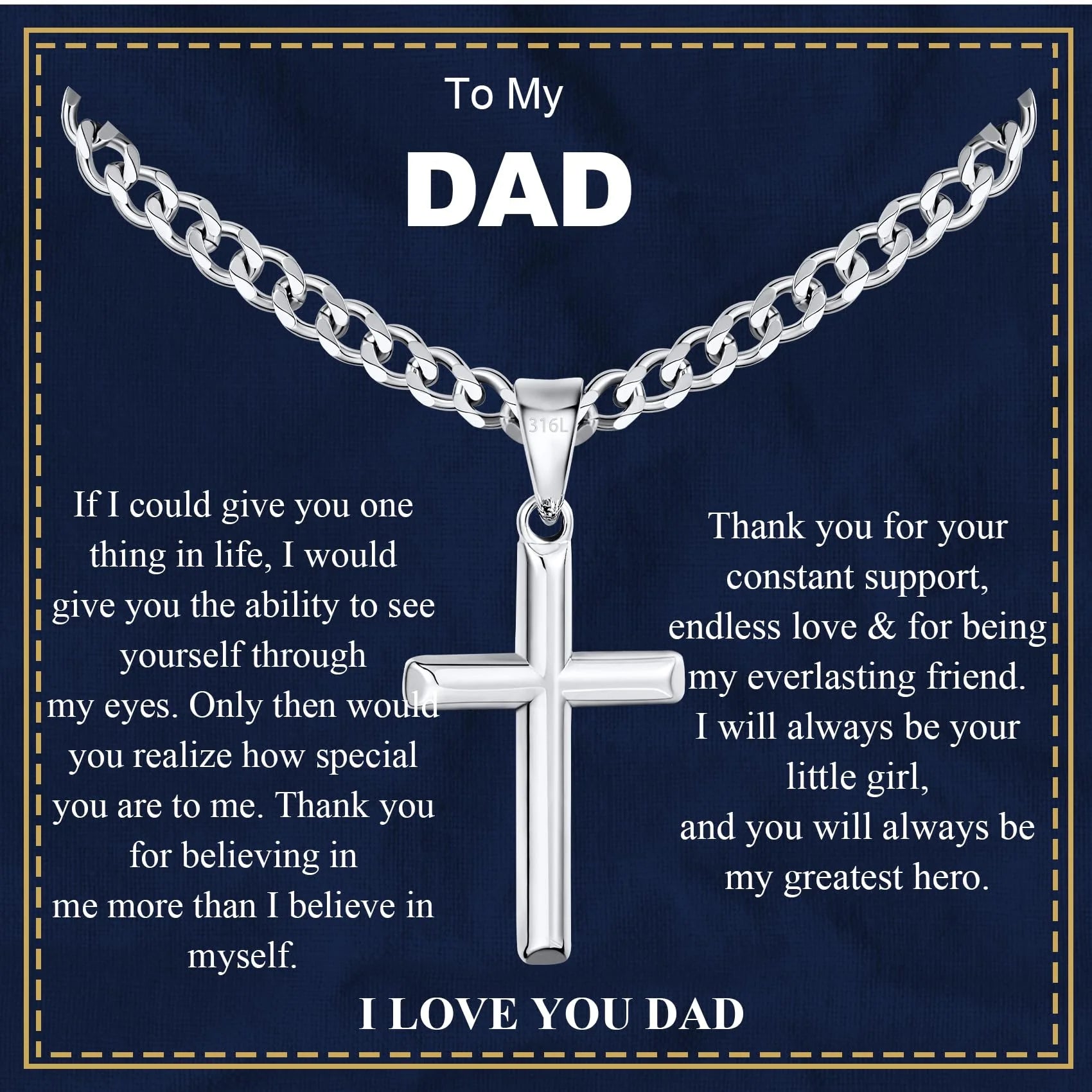 Father's Day Gift for Dad - Christian Cross Necklace Pendant Gift from Daughter or Son