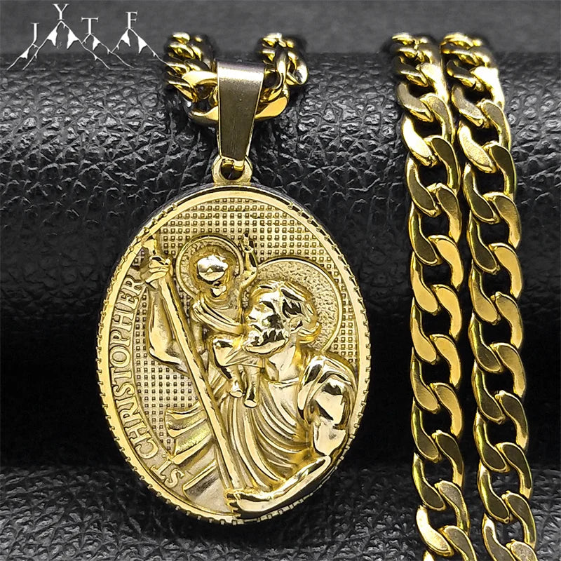 Father's Day Gift for Dad - Stainless Steel Gold Plated St. Christopher Pendant Jewelry