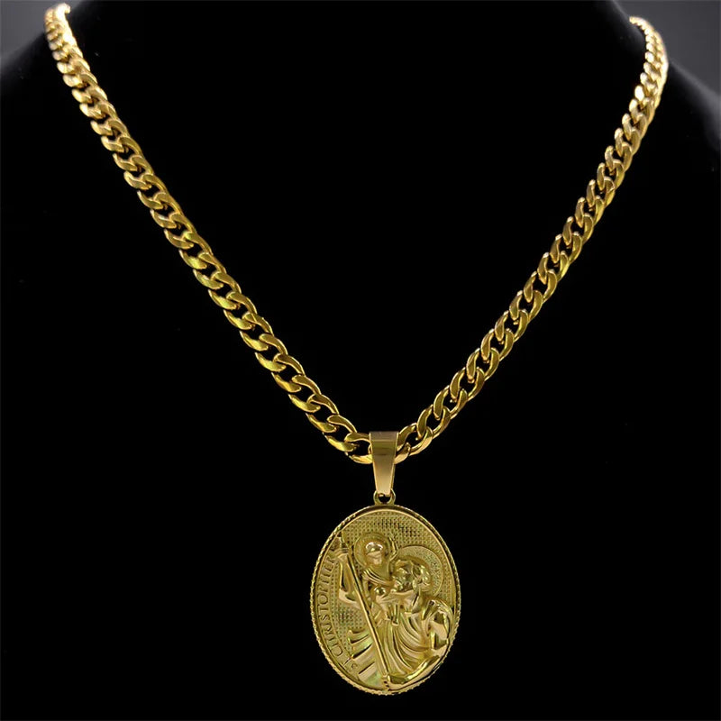 Father's Day Gift for Dad - Stainless Steel Gold Plated St. Christopher Pendant Jewelry
