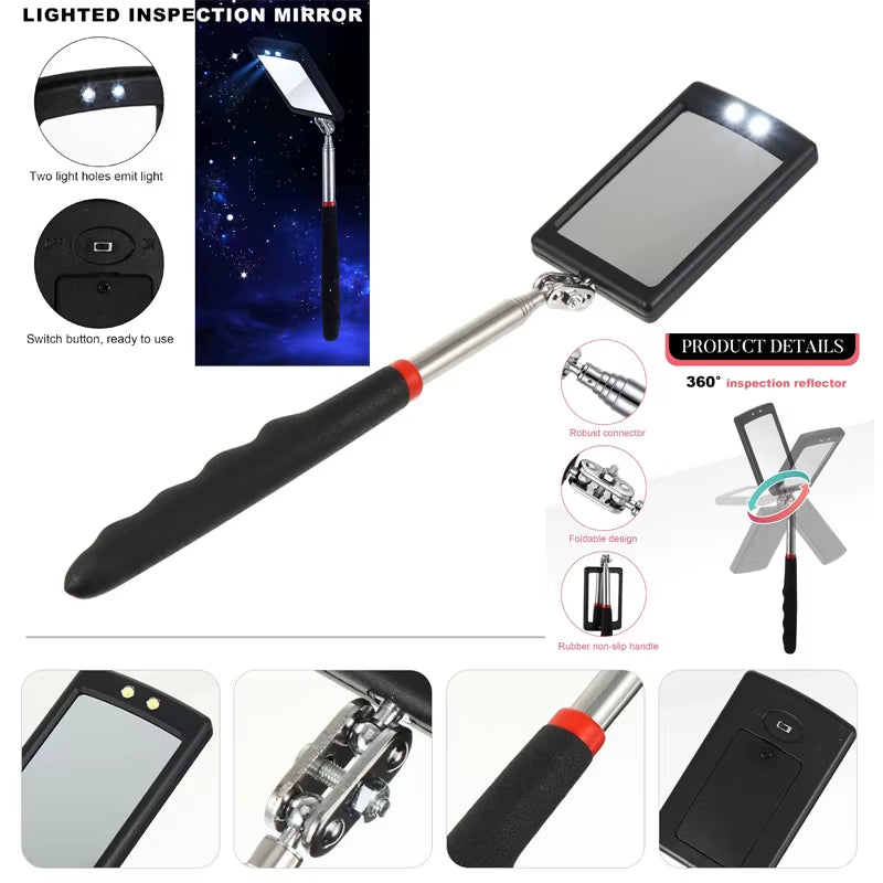Father's Day Gift for Dad - 360° LED Telescopic Inspection Mirror with Grip Handle for Hard-to-Reach Areas