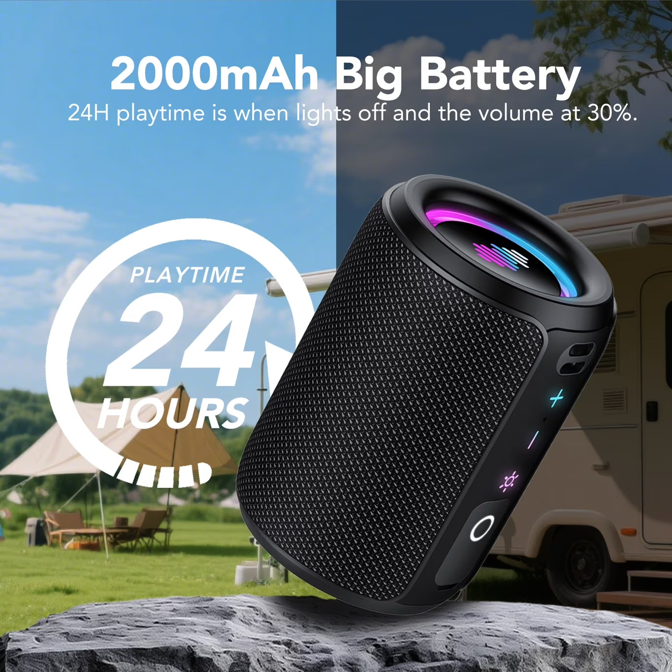 Portable IPX7 Waterproof Bluetooth Speaker with 20W Sound, 24H Playtime, LED Lights & TWS Pairing