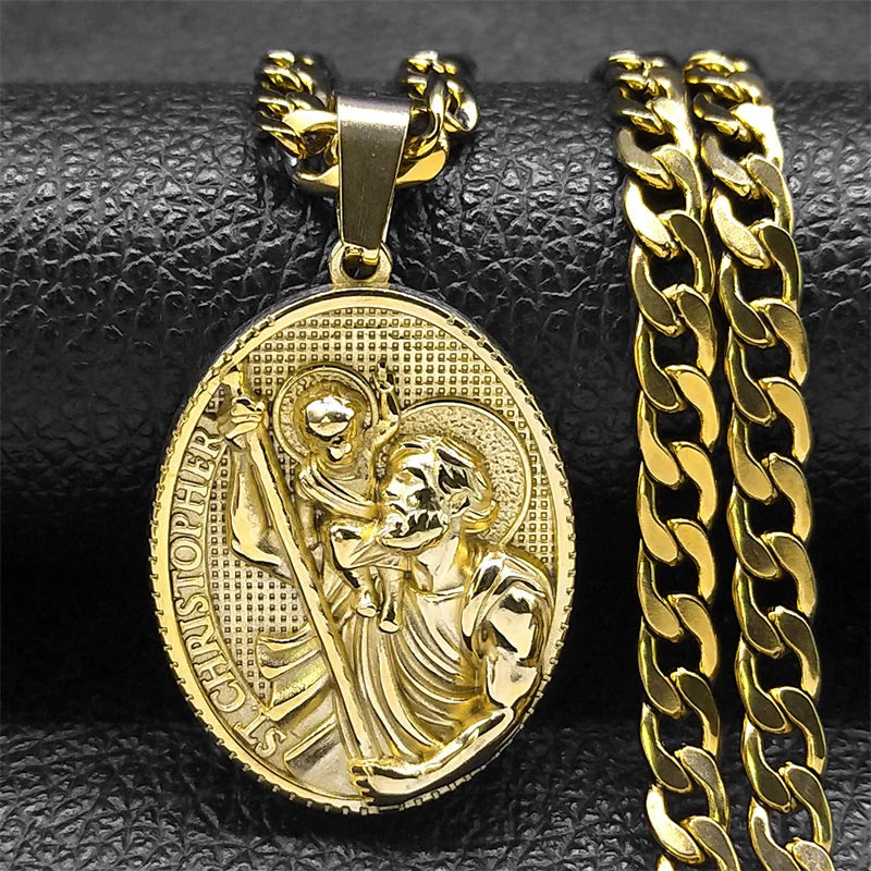 Father's Day Gift for Dad - Stainless Steel Gold Plated St. Christopher Pendant Jewelry