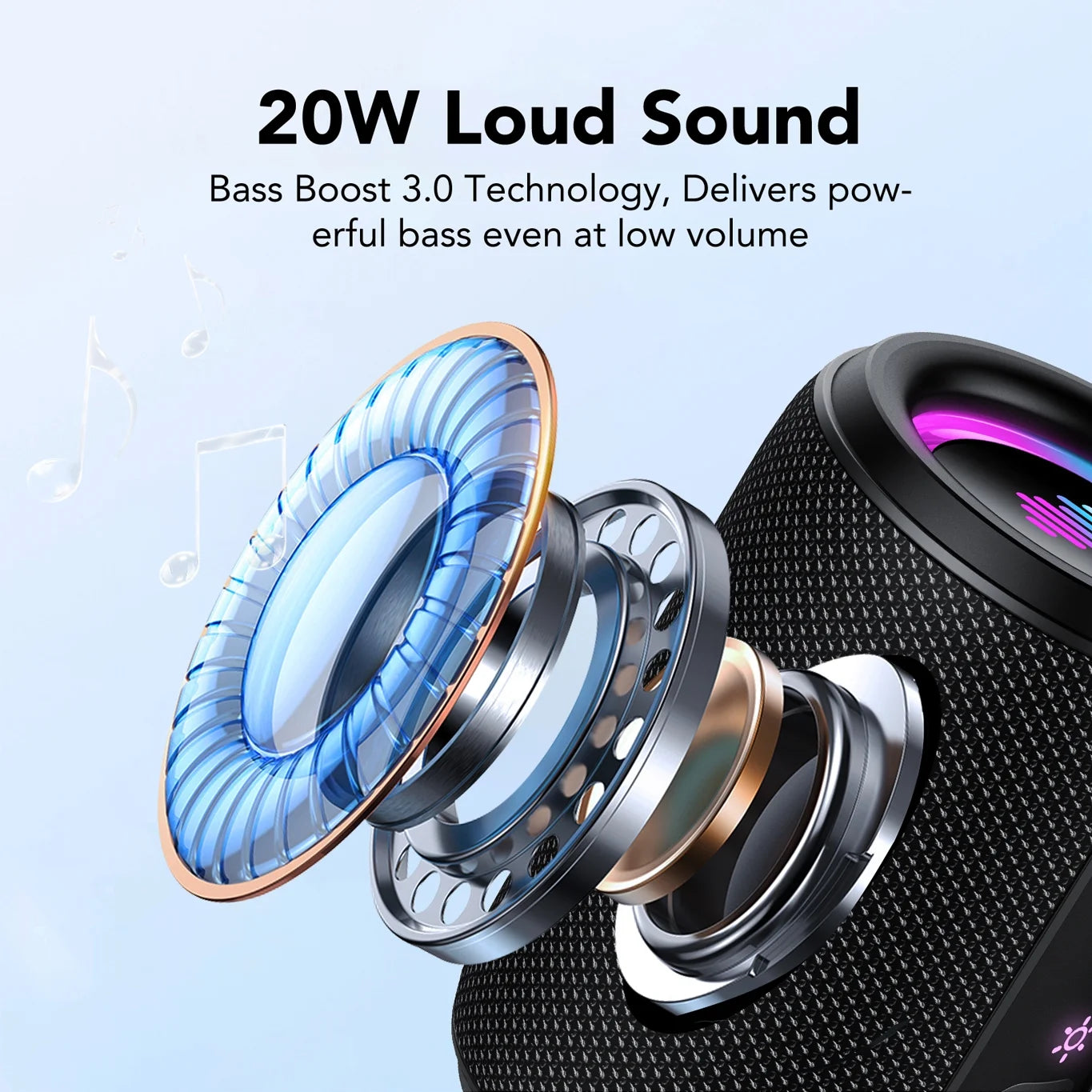 Portable IPX7 Waterproof Bluetooth Speaker with 20W Sound, 24H Playtime, LED Lights & TWS Pairing