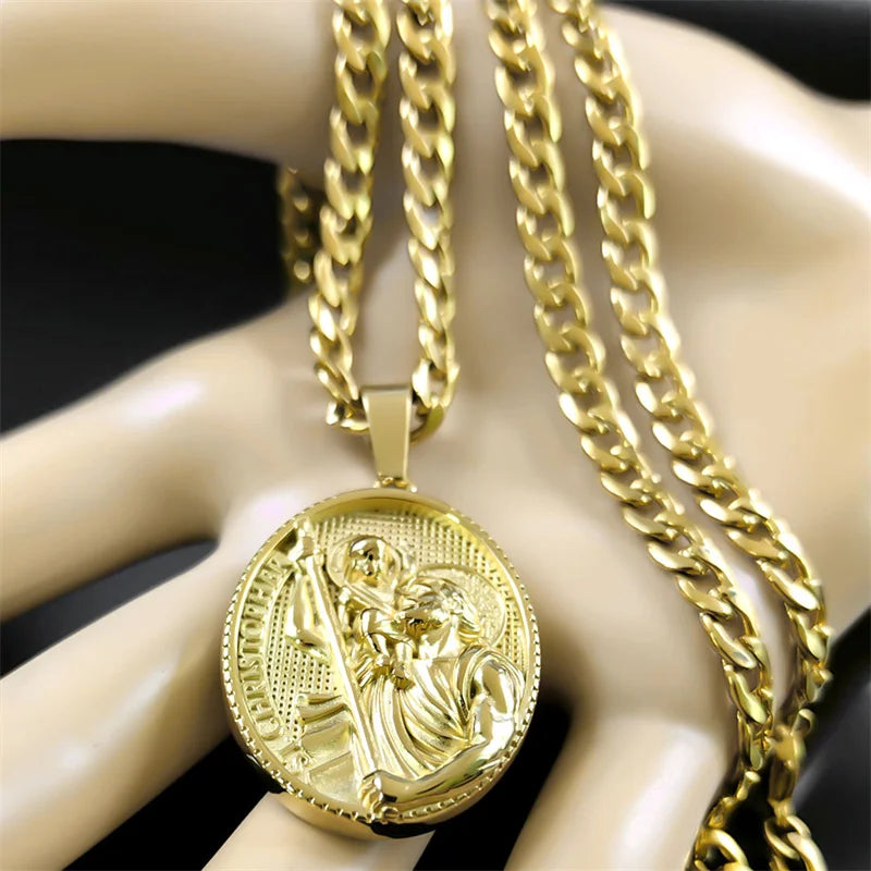 Father's Day Gift for Dad - Stainless Steel Gold Plated St. Christopher Pendant Jewelry